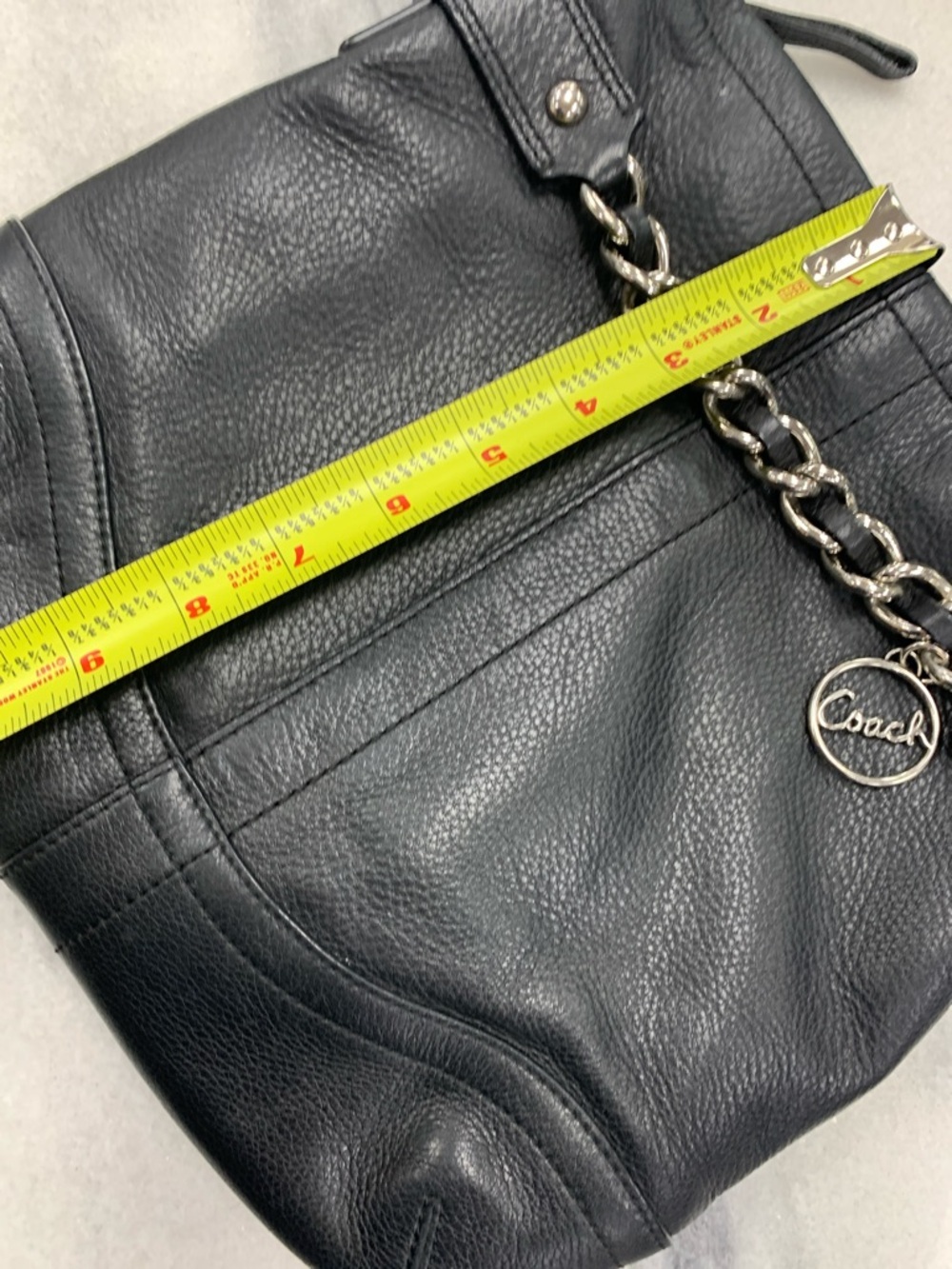 Coach Black Pebbled Leather Shoulder Bag with Chain Charm - Picture 7 of 8